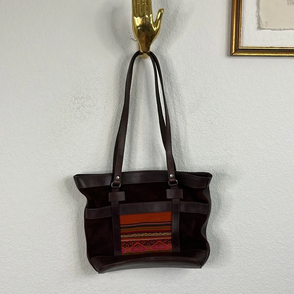 Bolivian Suede Leather Stamped Tapestry Bucket Shoulder Tote Bag